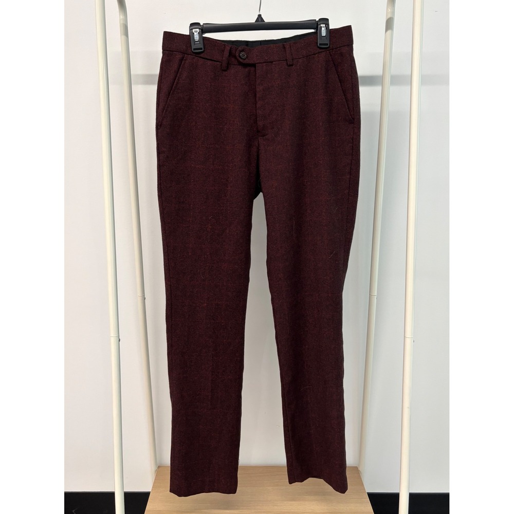Cavani Mens Burgundy Red Windowpane Check Slim Fit Dress Pants Trousers 32R